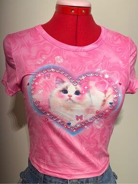 Two Cute Pink Cat Heart Graphic Pet Lover Tees M